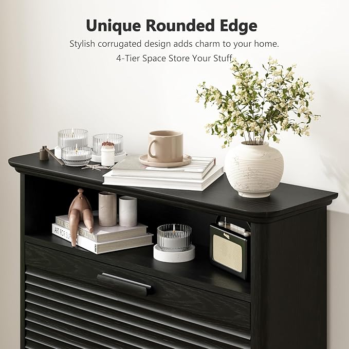 Fluted Shoe Cabinet for Entryway, Modern Shoe Storage Organizer with 2 Flip-Down Drawers & Adjustable Shelves, Hidden Narrow Slim Shoe Rack for Hallway, Mid-Century Modern Furniture, Black