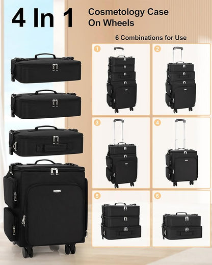 Relavel Rolling Makeup Case, 4 in 1 Hairstylist Traveling Bag with Clear Makeup Brush Case, Cosmetology Case on Wheels Large Hair Tools Cosmetics Train Case Makeup Artist Storage Organizer Trolley