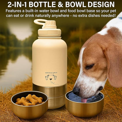 Love Wag & Play Dog Water Bottle Portable – 2 in 1 Stainless Steel Bowl for Food, Water – Leakproof Portable Water Bowl for Dog with Carry Loop – Detachable Design – Ideal for Kibble, Treats – Green