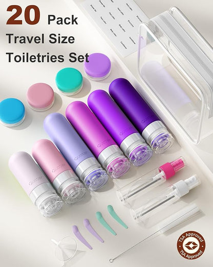 Quatish 20 Pack Travel Bottles for Toiletries, Original Patented, TSA Approved Travel Size Containers, Leak Proof Silicone Shampoo and Conditioner Bottles Women & Men, Airplane Essentials, Purple