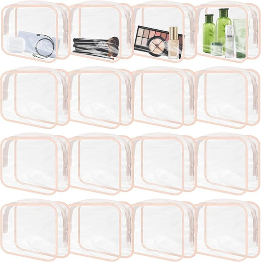 16 Pieces Clear Makeup Bags Bulk, TSA Approved Toiletry Bags Travel Pouch, Waterproof PVC Plastic Small Clear Cosmetic Bags with Zipper for Organizing (Light Pink Border)