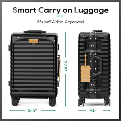 Joyway 20 Inch Carry on Luggage with Aluminium Frame and Front Pocket, PC Hardshell Suitcase with USB Port and Cup Holder, 21.5x14.2x9 Airline Approved, Luggage with Spinner Wheels and TSA Lock(Black)