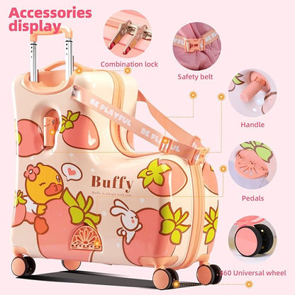 Kids' Lightweight Ride on Luggage with Spinner Wheels & Foldabe Design (Pink Strawberry, 24"+ Aged 3-12 Toddler)