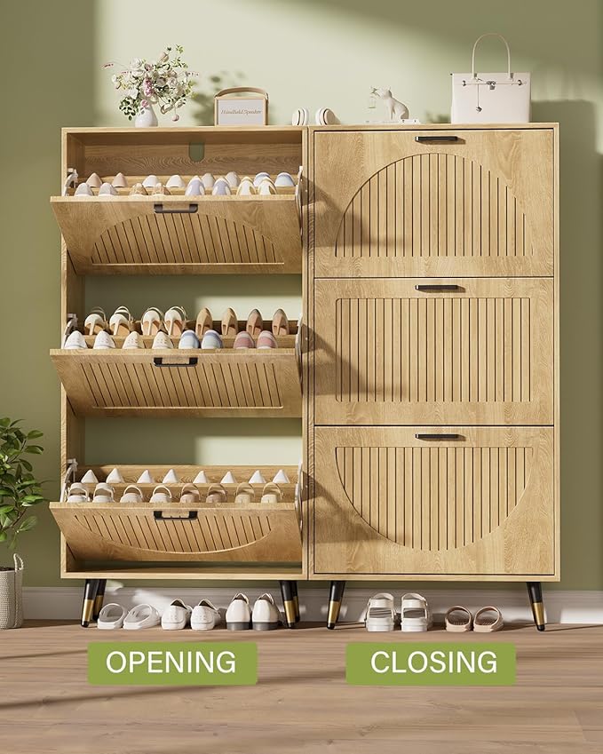 Rattan Shoe Cabinet with 3 Flip Drawers, Large Narrow Shoe Storage Organizer for Entryway, Rustic Oak Shoe Rack with Metal Legs, Black Handles, Slim Freestanding Flip Drawer Shoe Cabinet (Oak Rattan)