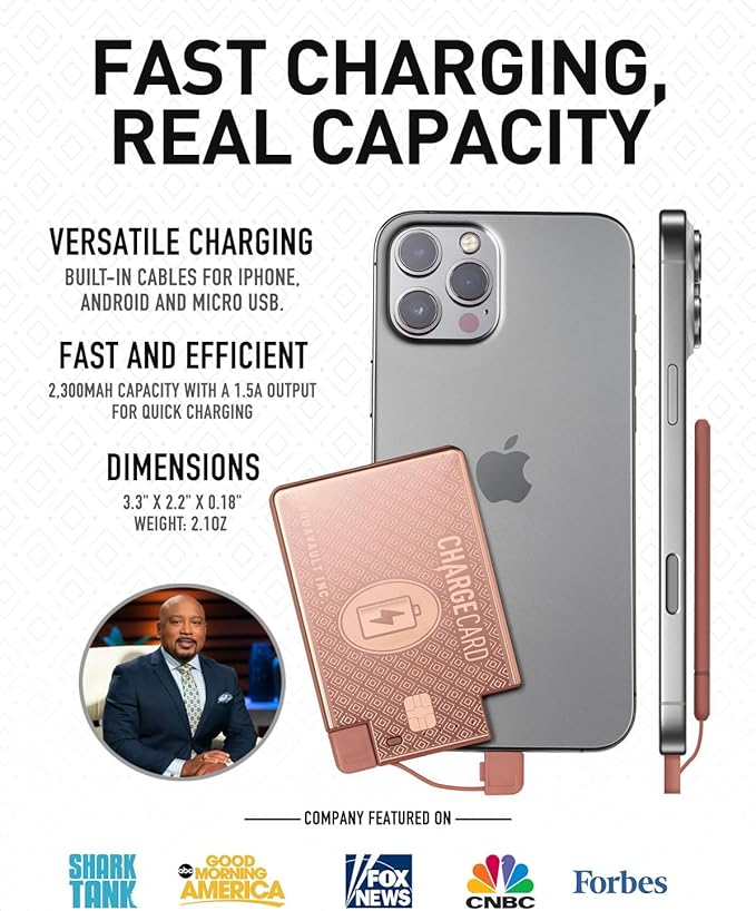 AquaVault ChargeCard – Ultra Slim Emergency Power Bank (2300mAh) – Fits in Wallet – USB-C & Micro-USB – Durable Steel Body – Flight-Safe for iPhone 12-17 & Android - Rose Gold