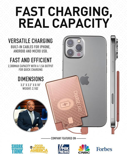 AquaVault ChargeCard – Ultra Slim Emergency Power Bank (2300mAh) – Fits in Wallet – USB-C & Micro-USB – Durable Steel Body – Flight-Safe for iPhone 12-17 & Android - Rose Gold