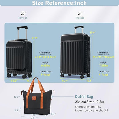 Merax Luggage Sets 3 Piece,Front Open Hardshell Expandable Suitcase with Spinner Wheels and Duffel Bags,Lightweight Carry on Luggage with USB Port,20/24IN,Black