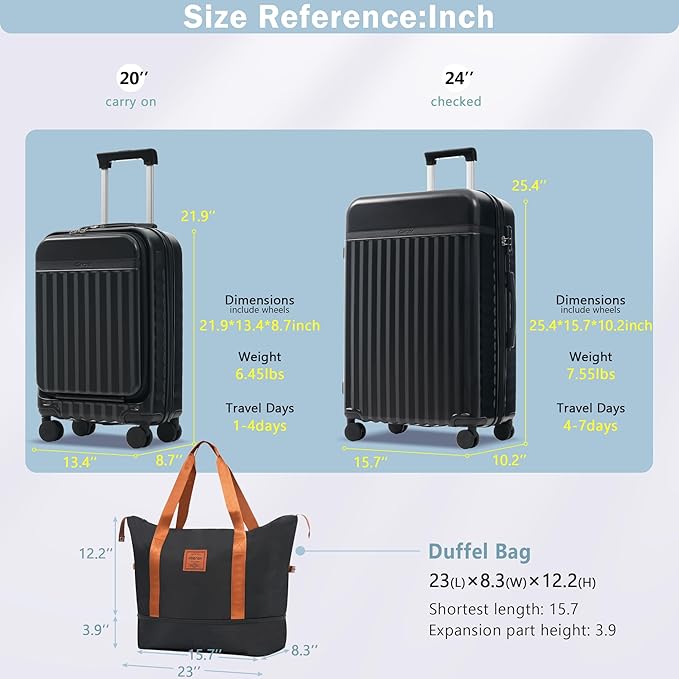 Merax Luggage Sets 2 Piece Front Opening, Hardside Lightweight Carry on Suitcase with USB Port,Durable Expandable Luggage with Bags Spinner Wheels and TSA Lock,Black