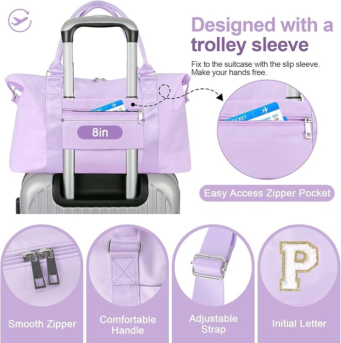 Dance Gym Duffel Bag for Teen Girls, Personalized Initial Travel Weekender Bag,Cute Overnight Carry On Duffle for Women,Sports Travel Cheer Bag,Monogram Christmas Gifts for Tween Preppy(purple-P)