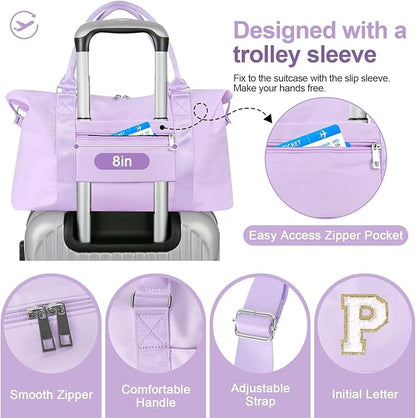 Dance Gym Duffel Bag for Teen Girls, Personalized Initial Travel Weekender Bag,Cute Overnight Carry On Duffle for Women,Sports Travel Cheer Bag,Monogram Christmas Gifts for Tween Preppy(purple-P)