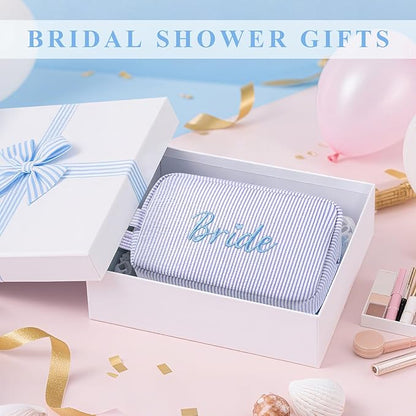 Etercycle Bride Makeup Bag, Blue Striped Cosmetic Bag Embroidery Bridal Shower Gifts, Large Travel Make Up Bags with Inside Pockets Toiletry Bag for Women Wedding Engagement Bachelorette Party