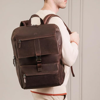 Leather Backpack for Men & Women, Classic Dark Brown - Handcrafted Top Grain Leather vintage backpack with 17-Inch Laptop Sleeve - Lightweight, Stylish & Durable for Business, Travel & Everyday Use