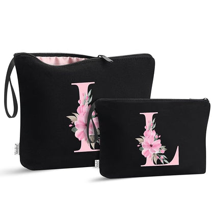 Vavabox A-Z Personalized Makeup Bag, Birthday Gifts for Women Mom, Gifts for Best Friend, Bride Bridesmaid Cosmetic bag (L, 04-Black Set)