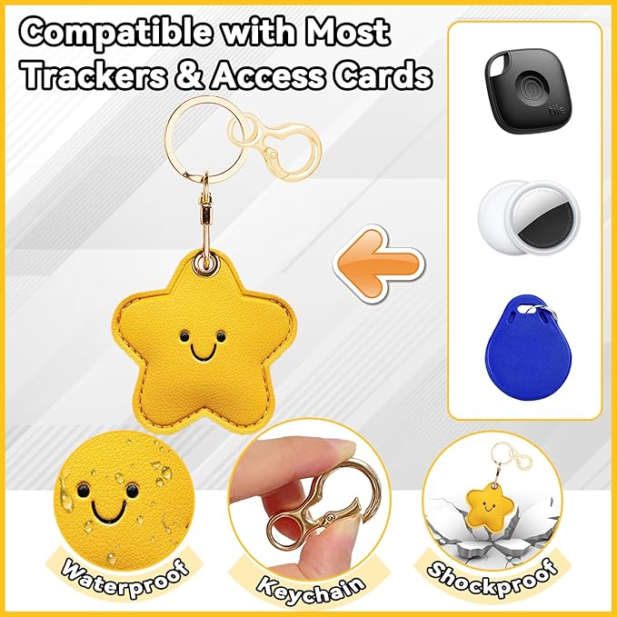 Leather Keychain for Airtag, Cute Protective Keychain Holder Compatible with Apple Air Tag,GPS Item Tracker Case Cover for Keys,Bags,Pets,Luggage(Star)