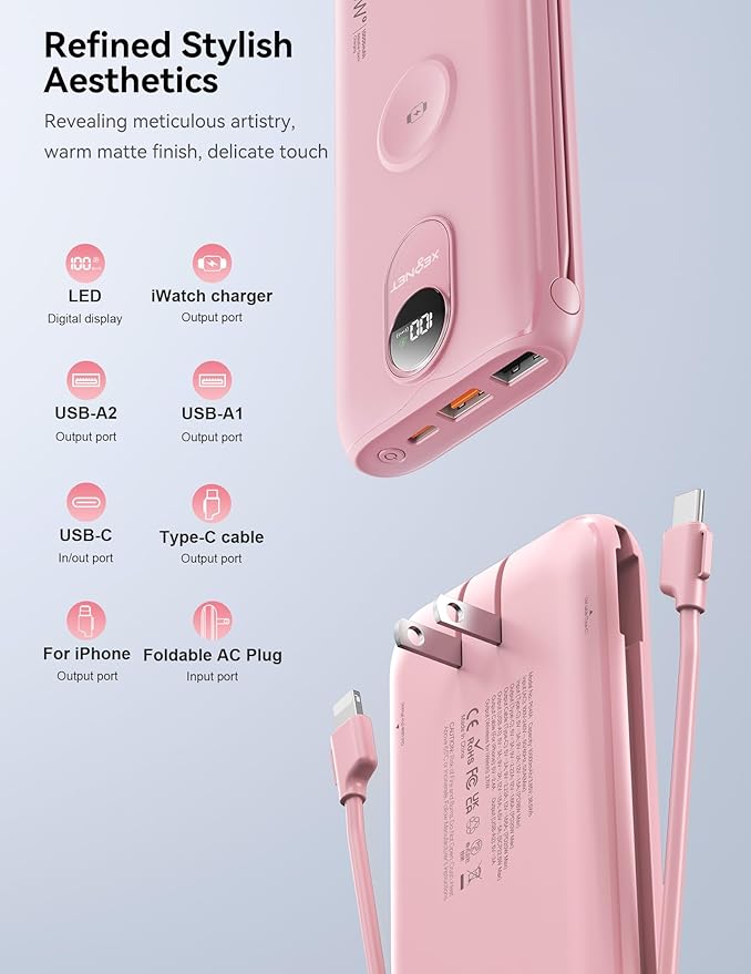 Portable Charger, 10000mAh 22.5W Fast Charging Power Bank with Built in Cable & Wall Plug, Travel Essential Battery Pack with LED Display, External Charger for iPhone 17/16, iWatch 11/10/9/8/Ultra/SE