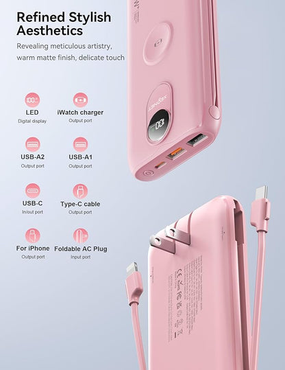 Portable Charger, 10000mAh 22.5W Fast Charging Power Bank with Built in Cable & Wall Plug, Travel Essential Battery Pack with LED Display, External Charger for iPhone 17/16, iWatch 11/10/9/8/Ultra/SE