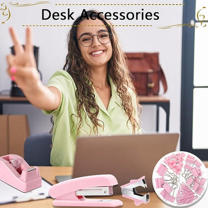 Office Supplies,Desk Accessories, Stapler and Tape Dispenser Set for Women with Stapler, Tape Dispenser, Staple Remover, Staples, Clips, Scissor and Tabs,Gift for Students, Coworkers