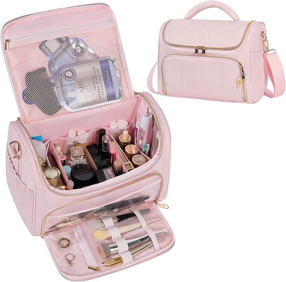 Travel Toiletry Bag Large Cosmetic Makeup Bag Organizer for Women,Wide-open Make Up Bag Waterproof Makeup Case Travel Bag with Handle and Dividers for Toiletries,Essentials,Accessories,LT Pink