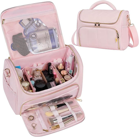 Travel Toiletry Bag Large Cosmetic Makeup Bag Organizer for Women,Wide-open Make Up Bag Waterproof Makeup Case Travel Bag with Handle and Dividers for Toiletries,Essentials,Accessories,LT Pink