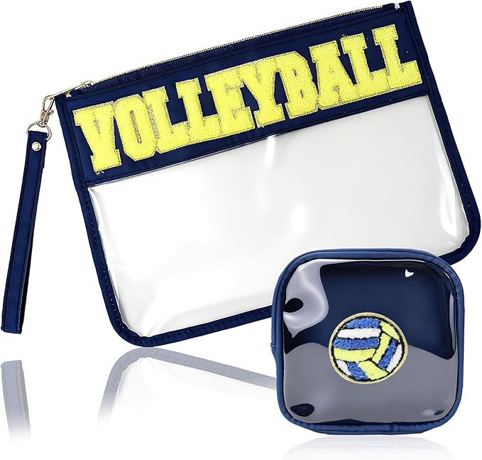 2Pcs Volleyball Gifts Makeup Bag with Chenille Letter Patch,with Handles Volleyball PVC Waterproof Clear Makeup Bag,Portable Toiletry Storage Bag,Players & Fans Birthday, Team or Sports Lover Presents