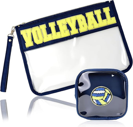 2Pcs Volleyball Gifts Makeup Bag with Chenille Letter Patch,with Handles Volleyball PVC Waterproof Clear Makeup Bag,Portable Toiletry Storage Bag,Players & Fans Birthday, Team or Sports Lover Presents