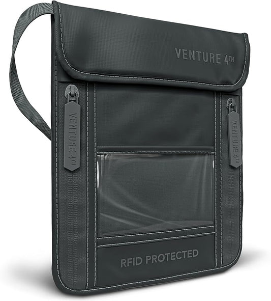 VENTURE 4TH Neck Wallet, RFID Blocking Passport Holder for Travel – Hidden Neck Pouch with 5 Compartments, Slim Lightweight Organizer with Adjustable Strap for Cash, Cards & Passport (Sleek Gray)