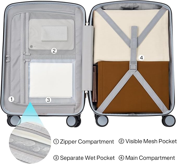 Hanke Hardside Carry-On Luggage 22x14x9 Airline Approved, 20 Inch Hard Shell Suitcases with Spinner Wheels, PC Hardshell Small Rolling Suitcase for Women Men with Tsa Lock(Gray)