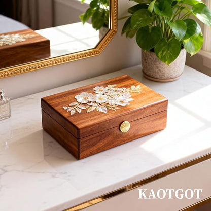 Travel Jewelry Case Small Wood Jewelry Organizer Jewelry Box for Women (Nut-Brown Print C)