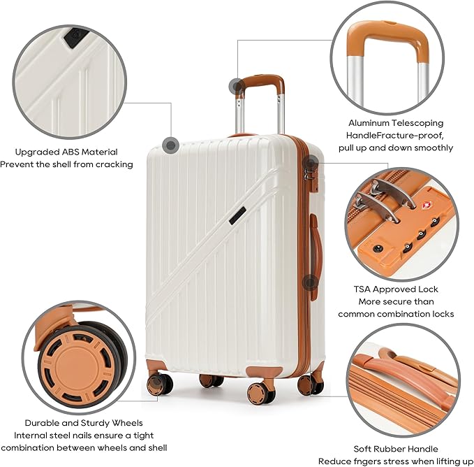 PRIMICIA GinzaTravel Luggage Sets 3-Piece Expandable Suitcases with Wheels PC+ABS Durable Hardside Luggage sets TSA lock（White + Brown）