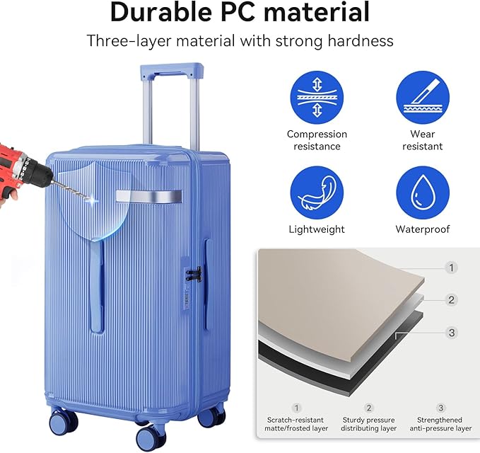 Travel Luggage Sets 3 Piece with Spinner Wheels, PC Hardside Suitcase Set for Family Trips with Cup and Phone Holder, Blue