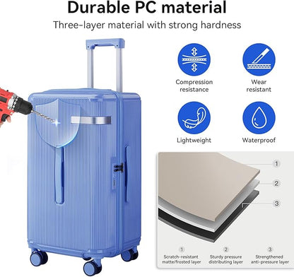 Travel Luggage Sets 3 Piece with Spinner Wheels, PC Hardside Suitcase Set for Family Trips with Cup and Phone Holder, Blue