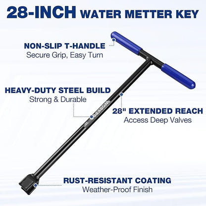 WORKPRO 28" Water Meter Key with 4 Way Utility Key, Heavy Duty Steel Water Shut Off Curb Key with Non-Slip T-Handle, Extended Reach Valve Tool for Outdoor Underground Water Valves