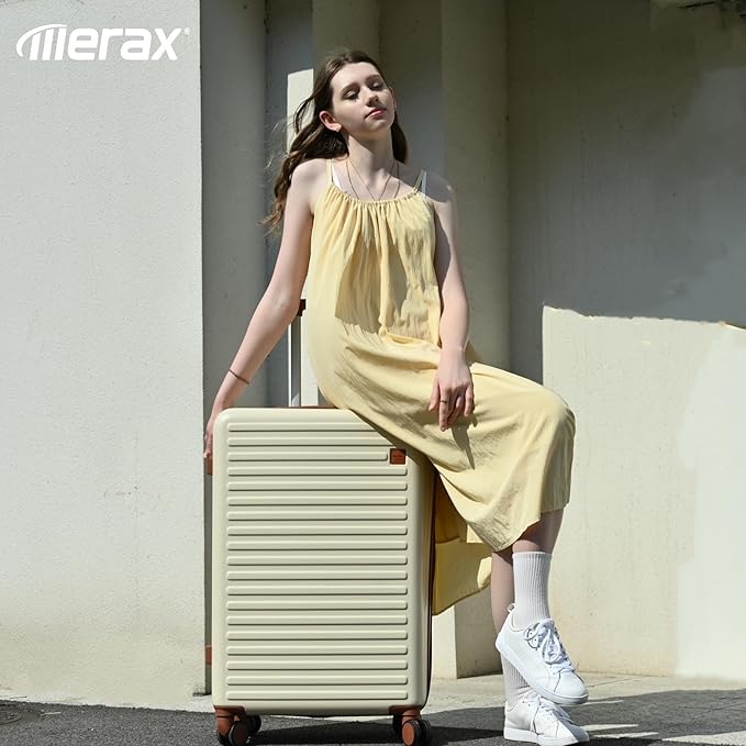 Merax 4-Piece Luggage Set with USB Charging Ports Suitcase with TSA Lock Travel Duffel Bag Wet-Dry Toiletry Bag, ivory and brown