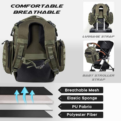 Dad Diaper Bag, Mens Diaper Bag Backpack with Diaper Changing Mat, Military Diaper Backpack with Molle Webbing, Waterproof Pouch, Baby Wipes pocket, Insulated Bottle Pockets- Jungle Green