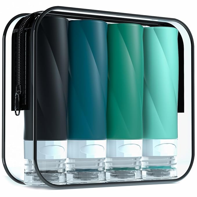 Gemice Travel Bottles - 3oz TSA Approved Containers, BPA Free, Leak Proof, Squeezable Silicone, Clear Toiletry Bag (4 Pack)