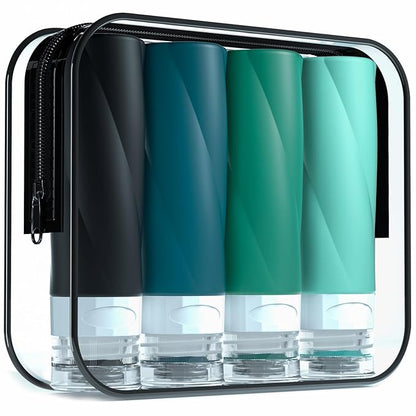 Gemice Travel Bottles - 3oz TSA Approved Containers, BPA Free, Leak Proof, Squeezable Silicone, Clear Toiletry Bag (4 Pack)