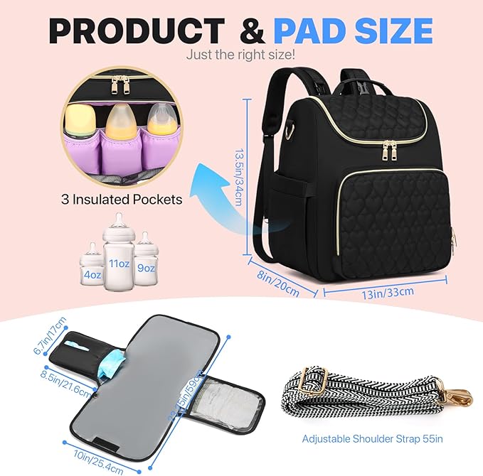 Diaper Bag Backpack, 4 in 1 Convertible Baby Travel Backpacks, Diaper Bag with Changing Pad Diaper bag, Baby Bag for Mom, Insulated Pockets, Stroller Straps, Black