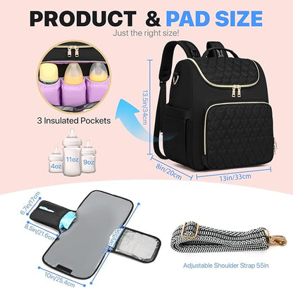 Diaper Bag Backpack, 4 in 1 Convertible Baby Travel Backpacks, Diaper Bag with Changing Pad Diaper bag, Baby Bag for Mom, Insulated Pockets, Stroller Straps, Black
