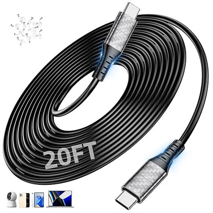 60W Charging Cable USB C to USB C Cord 20ft, PD Fast Charge Cable for iPhone 17 16 15/Samsung S25 S24 S23/Pixel 10 9,Data Transfer Wire/Type-C Power Cable for MacBook/iPad/Laptop/Security Camera,Black