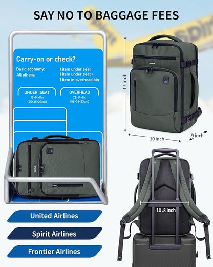 ECOHUB 17" Small Travel Backpack, United Airlines Personal Item Bag 17x10x9 with 16 Pockets, Water Resistant Rucksacks Fit 15.6" Laptop, AirTag Pocket, Lightweight Casual Daypack, 25L, Green