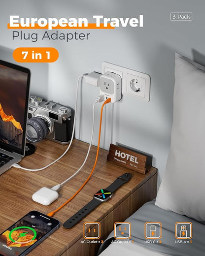 3 Pack European Travel Plug Adapter, TESSAN Type C Charger Plug with 4 Outlets 3 USB (2 USB-C), US to Europe Plug Adapter for Italy, Spain, France, Portugal, Greece, Iceland, Travel Essentials