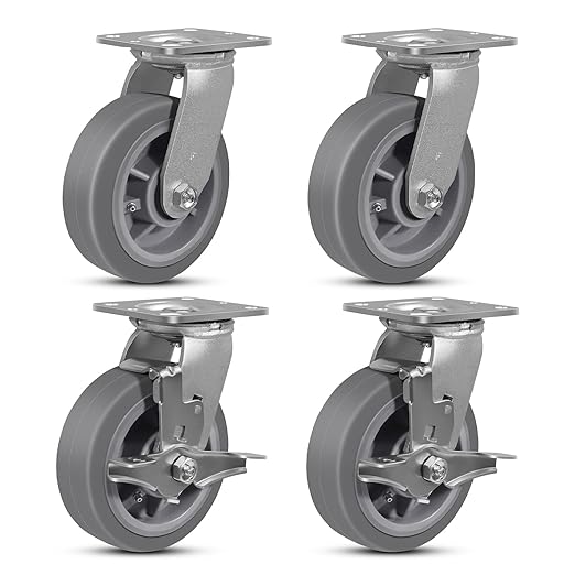 6"x2" Rubber Wheels (Flat Tread)- Heavy Duty Casters, Industrial Caster Wheels- Set of 4 with up to 4000 LB Capacity- Use for Dollies, Workbench(2 Brake &2 Swivel)