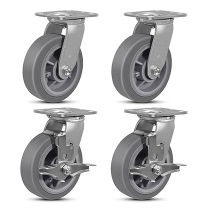 6"x2" Rubber Wheels (Flat Tread)- Heavy Duty Casters, Industrial Caster Wheels- Set of 4 with up to 4000 LB Capacity- Use for Dollies, Workbench(2 Brake &2 Swivel)