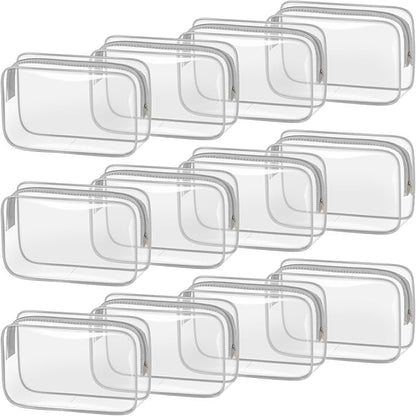TISRATOK 12 PCS Clear Makeup Bag for Women with Zipper, TSA Approved Toiletry Pouch, Cosmetic Bag Bulk for Travel Organizer Essentials - Grey,Medium