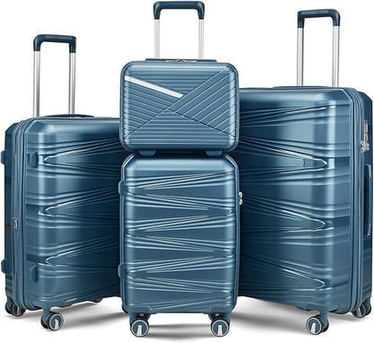 Campfun Luggage 4 Piece Sets, Expandable Carry On Luggage Set Hardshell PP, Suitcase Set with Double Spinner Wheels, Checked Durable Lightweight with TSA Lock, 14in 20in 24in 28in-Peacock Blue(C)
