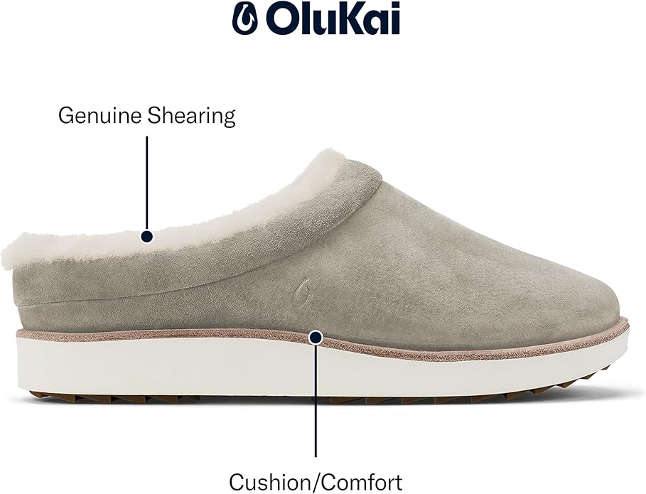 OLUKAI Mani Women's Leather Mule Slippers, Soft & Comfortable Slippers with Fleece Lining, Thick Rubber Outsole, All-Day Wear