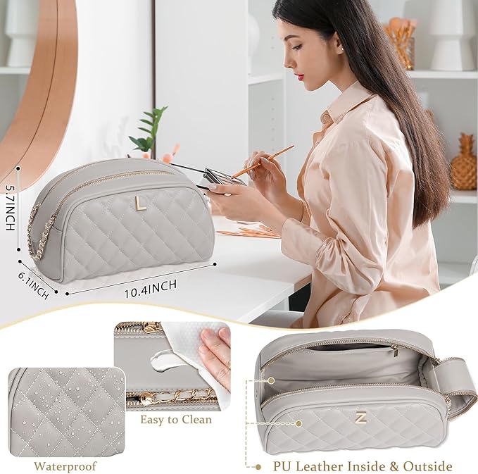 COSHAYSOO Unique 1st 2nd 3rd One Two Three Year Anniversary Birthday Gifts for Girlfriend Valentines Wife Wedding, Luxury Designer Leather Makeup Bag Travel Cosmetic Bags Taupe Initial Letter L