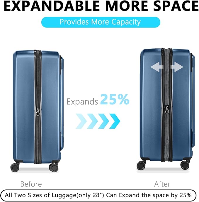 Luggage Sets 2 Piece, Carry On Luggage with Front Pocket & USB Port and 28 Inch Expandable Checked Luggage with Top Opening, Durable PC Hardside Suitcases with Spinner Wheels & TSA Lock, Blue (20/28)