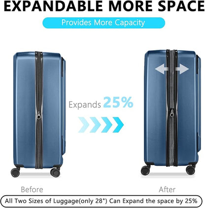 Luggage Sets 2 Piece, Carry On Luggage with Front Pocket & USB Port and 28 Inch Expandable Checked Luggage with Top Opening, Durable PC Hardside Suitcases with Spinner Wheels & TSA Lock, Blue (20/28)