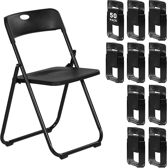 50 Pack Black Plastic Folding Chairs, Indoor Outdoor Portable Stackable Commercial Seats with Steel Frame for Home Office Wedding Party Events Kitchen Dining, 350lb Capacity